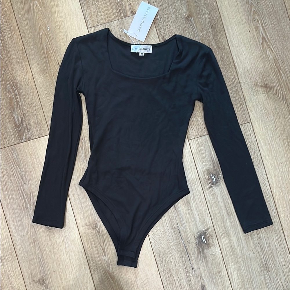 Shop Kultivate Black Long Sleeve Ribbed Bodysuit M NWT